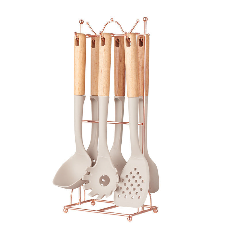 Beige Elegant 7-Piece Silicone Kitchen Utensil Set with Wooden Handles & Rose Gold Stand - Non-Stick Cookware Safe