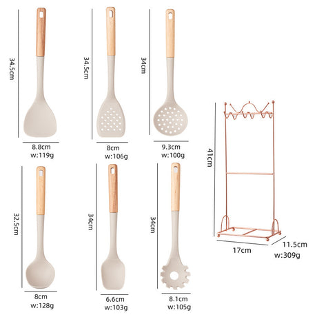Beige Elegant 7-Piece Silicone Kitchen Utensil Set with Wooden Handles & Rose Gold Stand - Non-Stick Cookware Safe
