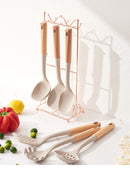 Beige Elegant 7-Piece Silicone Kitchen Utensil Set with Wooden Handles & Rose Gold Stand - Non-Stick Cookware Safe