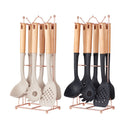 Black Elegant 7-Piece Silicone Kitchen Utensil Set with Wooden Handles & Rose Gold Stand - Non-Stick Cookware Safe