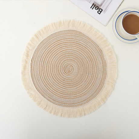 Beige Chic Round Woven Placemats with Tassel Fringe - Set of 4, Cotton Ramie Blend, Heat Resistant Table Mats