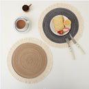 Beige Chic Round Woven Placemats with Tassel Fringe - Set of 4, Cotton Ramie Blend, Heat Resistant Table Mats