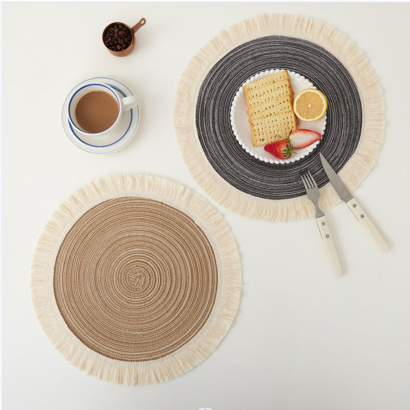 Beige Chic Round Woven Placemats with Tassel Fringe - Set of 4, Cotton Ramie Blend, Heat Resistant Table Mats