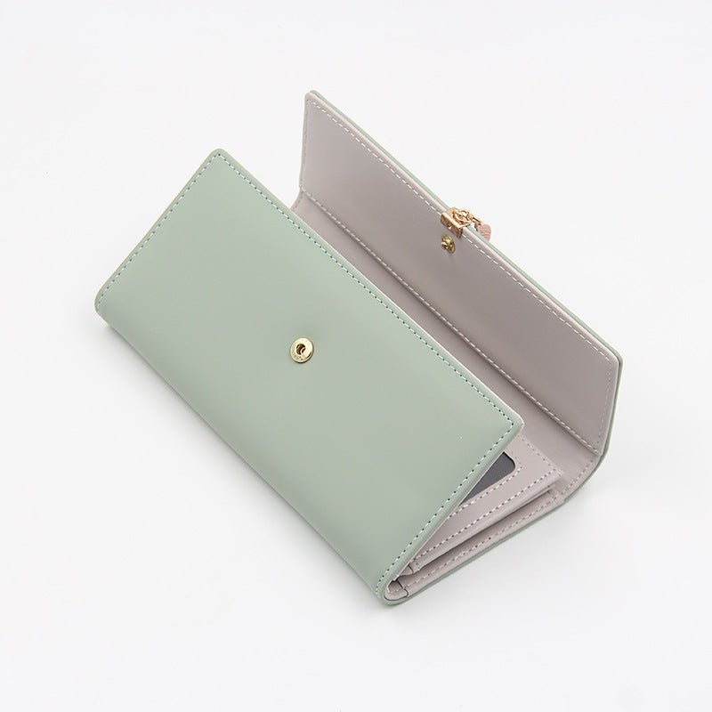 Green Elegant Ladies Long PU Leather Wallet - Slim Clutch with Leaf Charm, Multi-Card Holder & Organizer