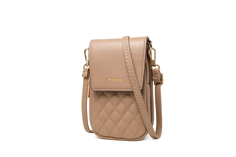 Beige Chic Quilted Crossbody Phone Bag - PU Leather Mini Purse with Floral Stitching & Adjustable Strap
