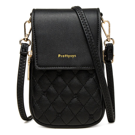 Black Chic Quilted Crossbody Phone Bag - PU Leather Mini Purse with Floral Stitching & Adjustable Strap