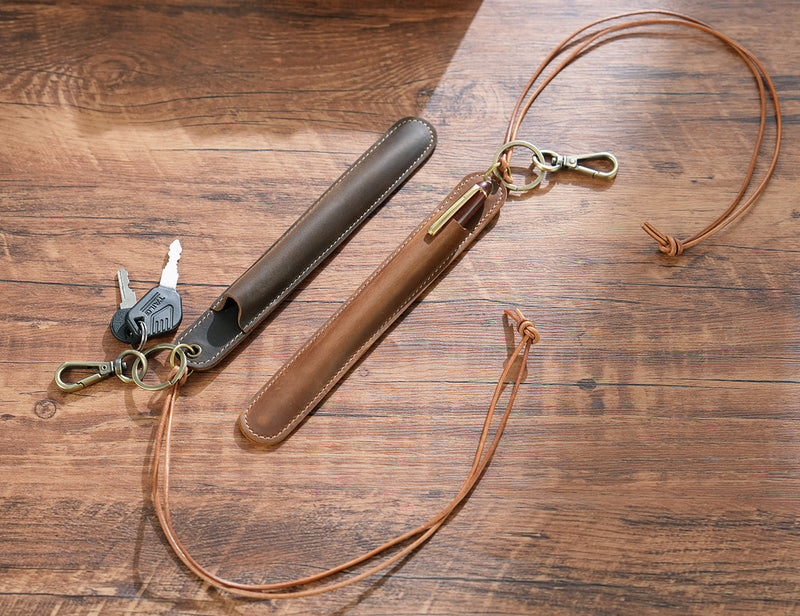 Red Vintage Top-Grain Leather Pen Sleeve Holder with Neck Strap - Protective Single Pen Case