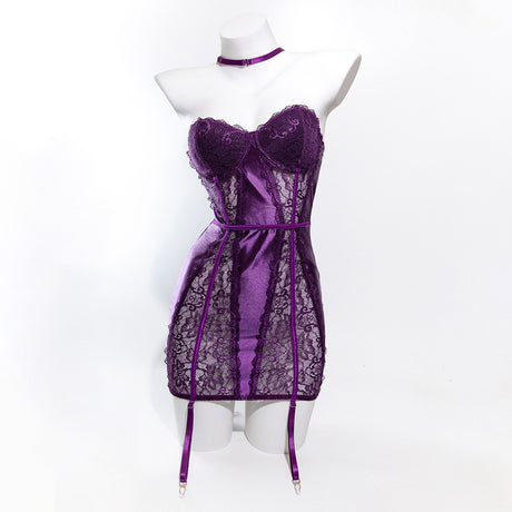 Size M Seductive Purple Lace & Satin Corset Lingerie Dress - Strapless Bustier with Halter Neck & Garters