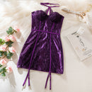 Size L Seductive Purple Lace & Satin Corset Lingerie Dress - Strapless Bustier with Halter Neck & Garters