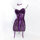 Size L Seductive Purple Lace & Satin Corset Lingerie Dress - Strapless Bustier with Halter Neck & Garters
