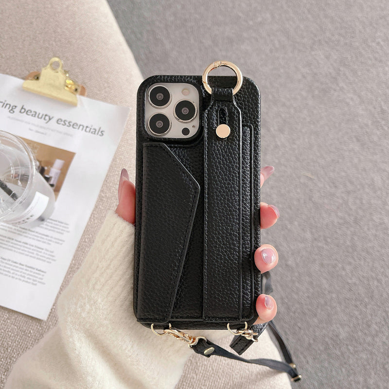 Black Chic PU Leather Crossbody Wallet Case for iPhone 16 - Card Holder with Detachable Strap & Finger Ring Grip