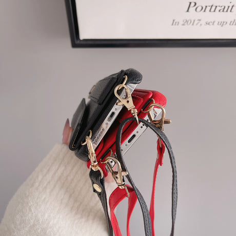 Red Chic PU Leather Crossbody Wallet Case for iPhone 16 Pro - Card Holder with Detachable Strap & Finger Ring Grip