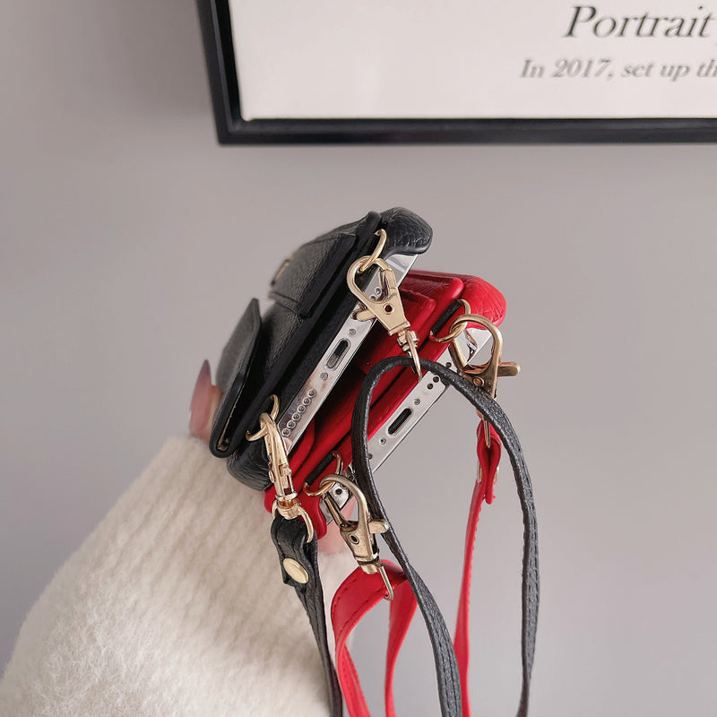 Red Chic PU Leather Crossbody Wallet Case for iPhone 16 - Card Holder with Detachable Strap & Finger Ring Grip