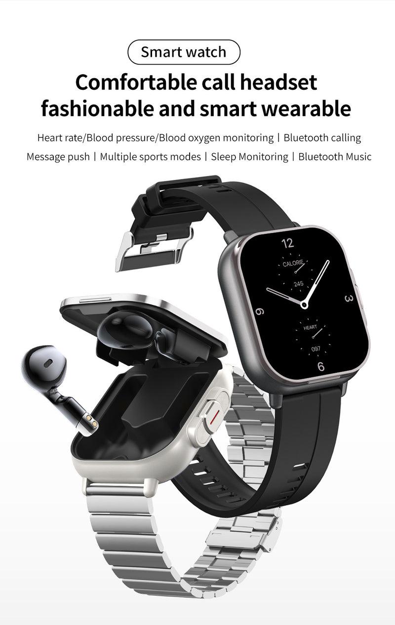 Black TPU Strap 2-in-1 Smartwatch with Built-in Earbuds - 2.01" HD Touchscreen, Bluetooth Calls, Health Monitor, Long Battery Life