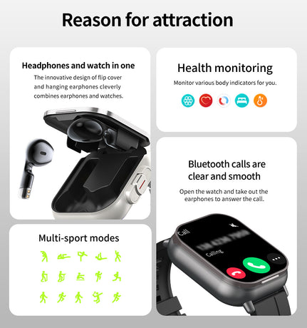 Black TPU Strap 2-in-1 Smartwatch with Built-in Earbuds - 2.01