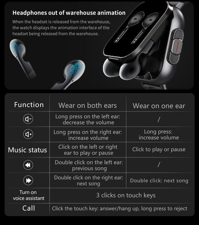 Black TPU Strap 2-in-1 Smartwatch with Built-in Earbuds - 2.01