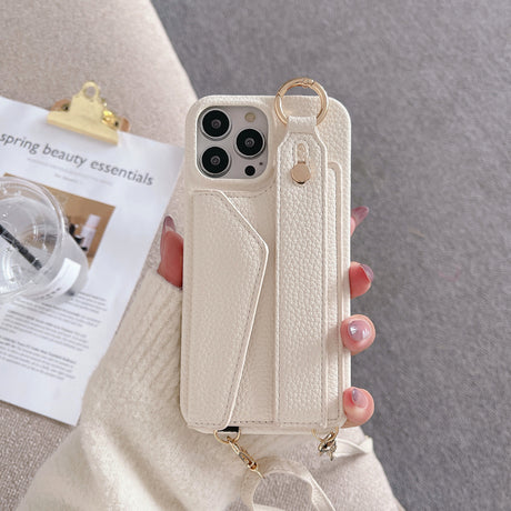 Beige Chic PU Leather Crossbody Wallet Case for iPhone 16 Pro Max - Card Holder with Detachable Strap & Finger Ring Grip
