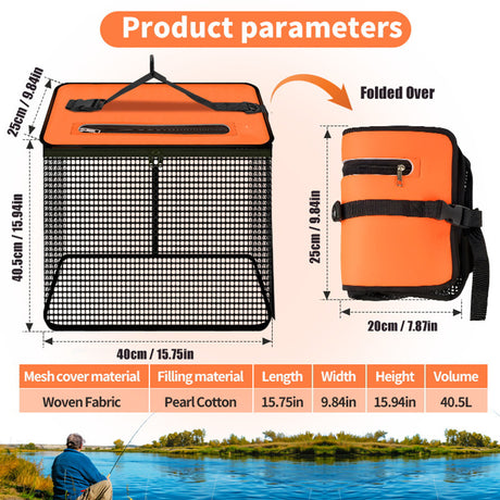 1 Piece Orange and Black Durable Collapsible Fishing Keepnet - Large 40.5L Quick-Dry Coated Nylon Fish Basket for Live Bait & Catch