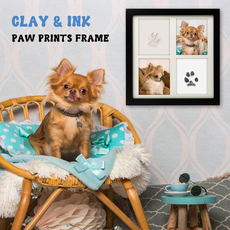 Black and White Pet Paw Print Keepsake Photo Frame Kit - Mess-Free Ink Pad for Dogs & Cats, Dual Photo & Print Display