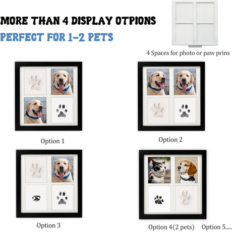 Black and White Pet Paw Print Keepsake Photo Frame Kit - Mess-Free Ink Pad for Dogs & Cats, Dual Photo & Print Display
