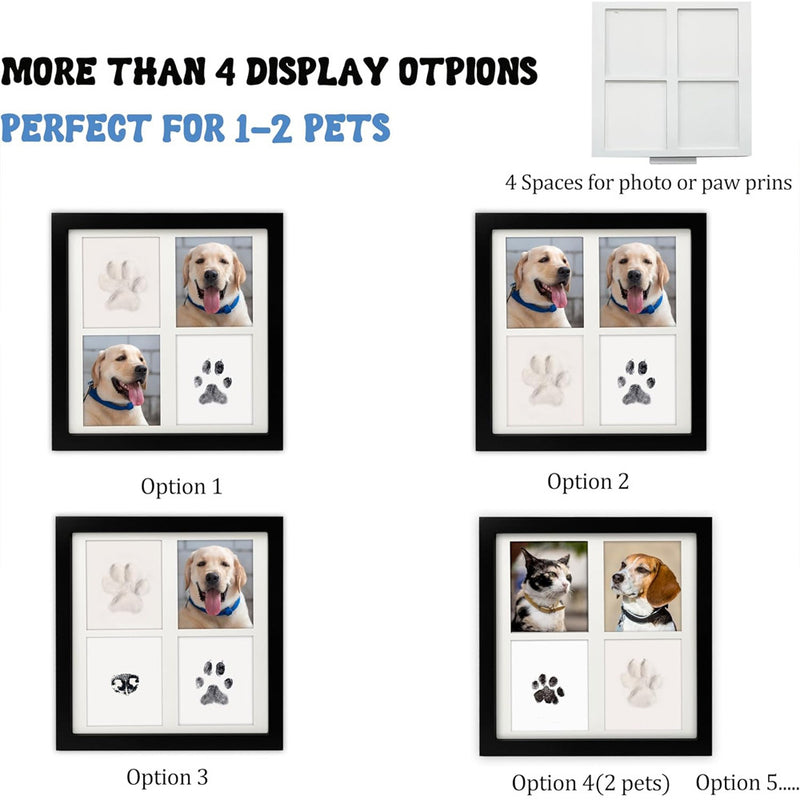 Black and White Pet Paw Print Keepsake Photo Frame Kit - Mess-Free Ink Pad for Dogs & Cats, Dual Photo & Print Display