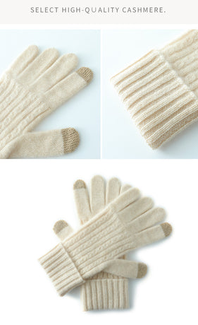 Beige Unisex Touchscreen Ribbed Warm Cycling Windproof Knitted Five-finger Gloves