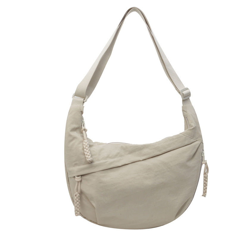 Beige Large Nylon Crescent Crossbody Bag - Casual Slouchy Shoulder Purse