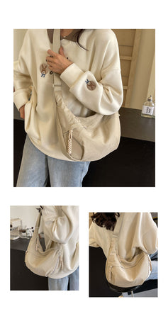 Beige Large Nylon Crescent Crossbody Bag - Casual Slouchy Shoulder Purse