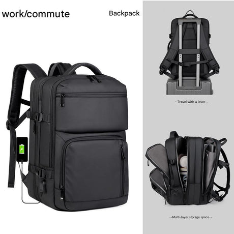 Black Expandable Business Travel Backpack with USB Charging Port - Water-Resistant Laptop Bag for Commuting & Carry-On