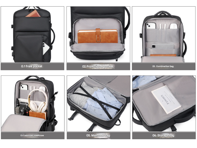 Black Expandable Business Travel Backpack with USB Charging Port - Water-Resistant Laptop Bag for Commuting & Carry-On