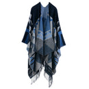Black Blue Palindrome Fringe Bohemian Fringe Shawl Cloak - 160 x 135 cm Ethnic Inner Mongolia Style Double-Sided Scarf Cape