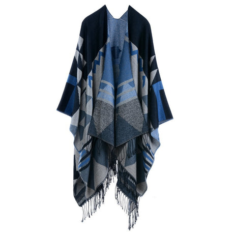 Black Blue Palindrome Fringe Bohemian Fringe Shawl Cloak - 160 x 135 cm Ethnic Inner Mongolia Style Double-Sided Scarf Cape
