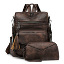 Dark-brown Women's Retro PU Leather Backpack - Dual-Color Tassel Design, Winter High-End Style