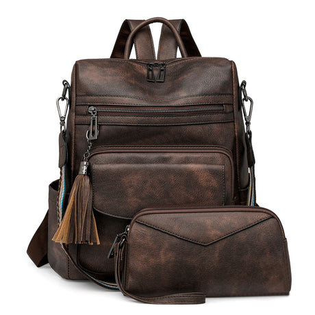 Dark-brown Women's Retro PU Leather Backpack - Dual-Color Tassel Design, Winter High-End Style