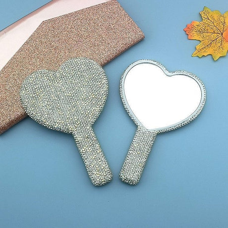 2PCS White Glamorous Diamond-Encrusted Heart Handheld Mirror - Luxe High-Definition Makeup Essential