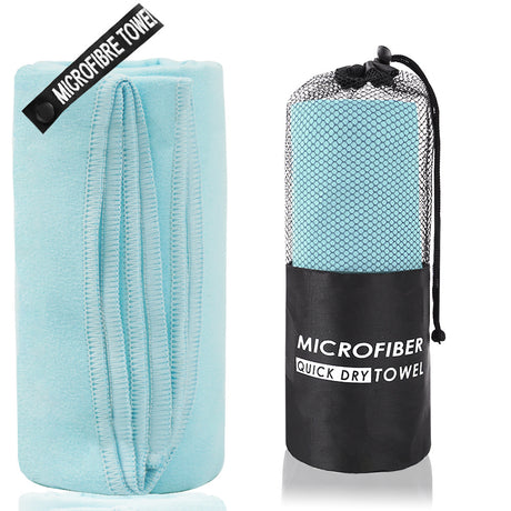 2-Piece Light Blue Quick-Dry Microfiber Sports Towel with Travel Case - Compact & Absorbent for Gym, Swimming & Camping