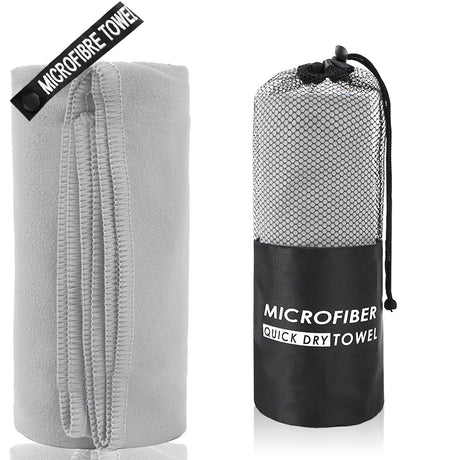 2-Piece Light Grey Quick-Dry Microfiber Sports Towel with Travel Case - Compact & Absorbent for Gym, Swimming & Camping