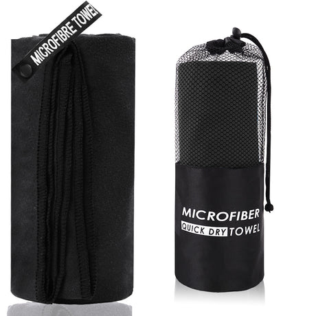 2-Piece Black Quick-Dry Microfiber Sports Towel with Travel Case - Compact & Absorbent for Gym, Swimming & Camping