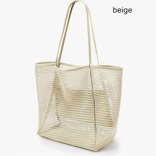 Beige Large Mesh Beach Tote Bag - Lightweight & Foldable Shoulder Bag with Secure Zipper Pocket