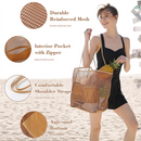Beige Large Mesh Beach Tote Bag - Lightweight & Foldable Shoulder Bag with Secure Zipper Pocket