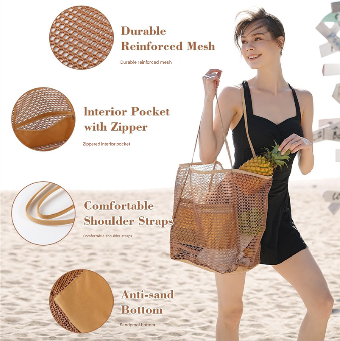 Beige Large Mesh Beach Tote Bag - Lightweight & Foldable Shoulder Bag with Secure Zipper Pocket
