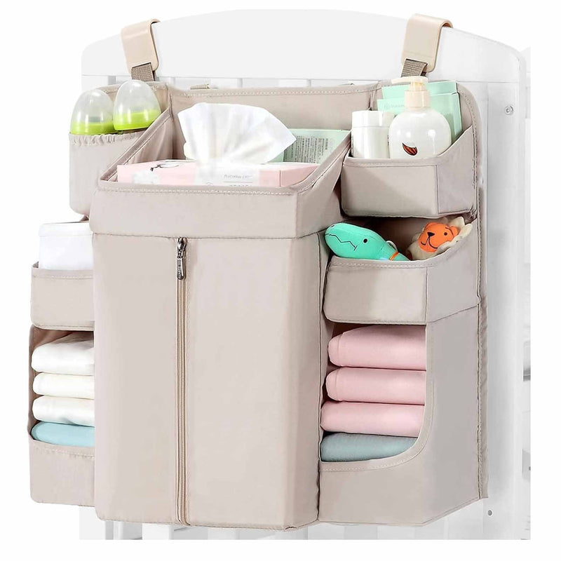 Beige Foldable Baby Crib Storage Hanging Bag - Large Capacity Organizer for Cribs and Changing Tables