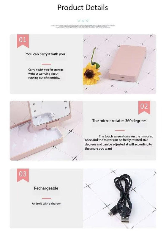 2-Piece White Portable LED Makeup Mirror with Brush - Foldable, Rotatable, and Rechargeable Travel Vanity Mirror