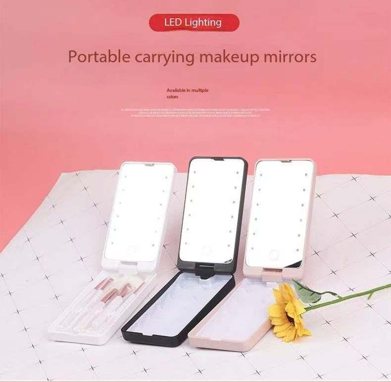 2-Piece Black Portable LED Makeup Mirror with Brush - Foldable, Rotatable, and Rechargeable Travel Vanity Mirror
