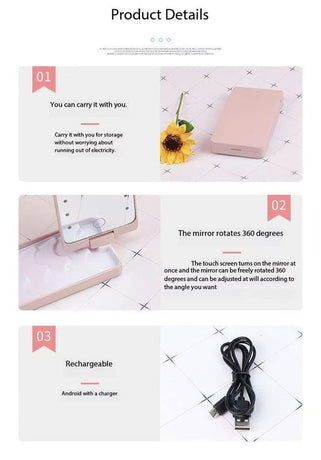 2-Piece Black Portable LED Makeup Mirror with Brush - Foldable, Rotatable, and Rechargeable Travel Vanity Mirror