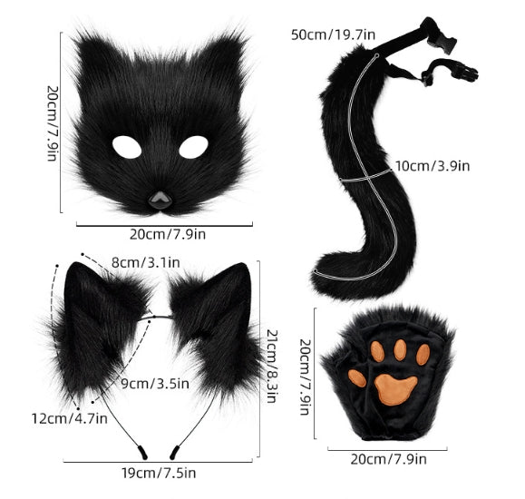 Black and white Halloween Furry Fox Costume Set - Plush Mask, Ears Headband, Tail, and Paws for Cosplay