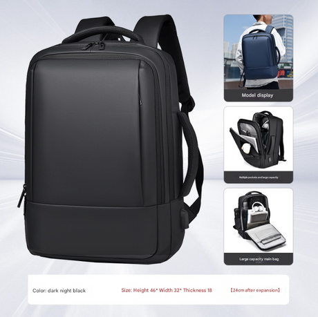 Black Expandable Business Laptop Backpack with USB Charging Port - Large Capacity Work & Travel Bag for 15.6 Inch Laptops