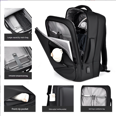 Black Expandable Business Laptop Backpack with USB Charging Port - Large Capacity Work & Travel Bag for 15.6 Inch Laptops