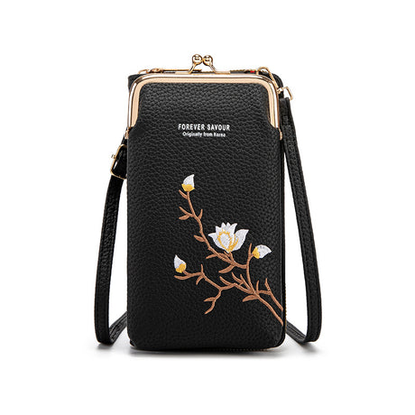 Black Chic Embroidered Crossbody Phone Wallet - All-in-One Purse with Kiss-Lock Clasp
