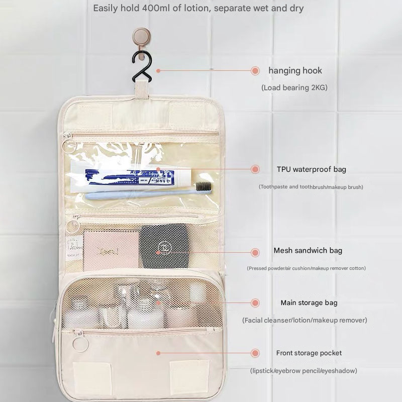 Beige Portable Hanging Travel Toiletry Bag - Large Capacity Cosmetic & Wash Organizer with Sturdy Hook